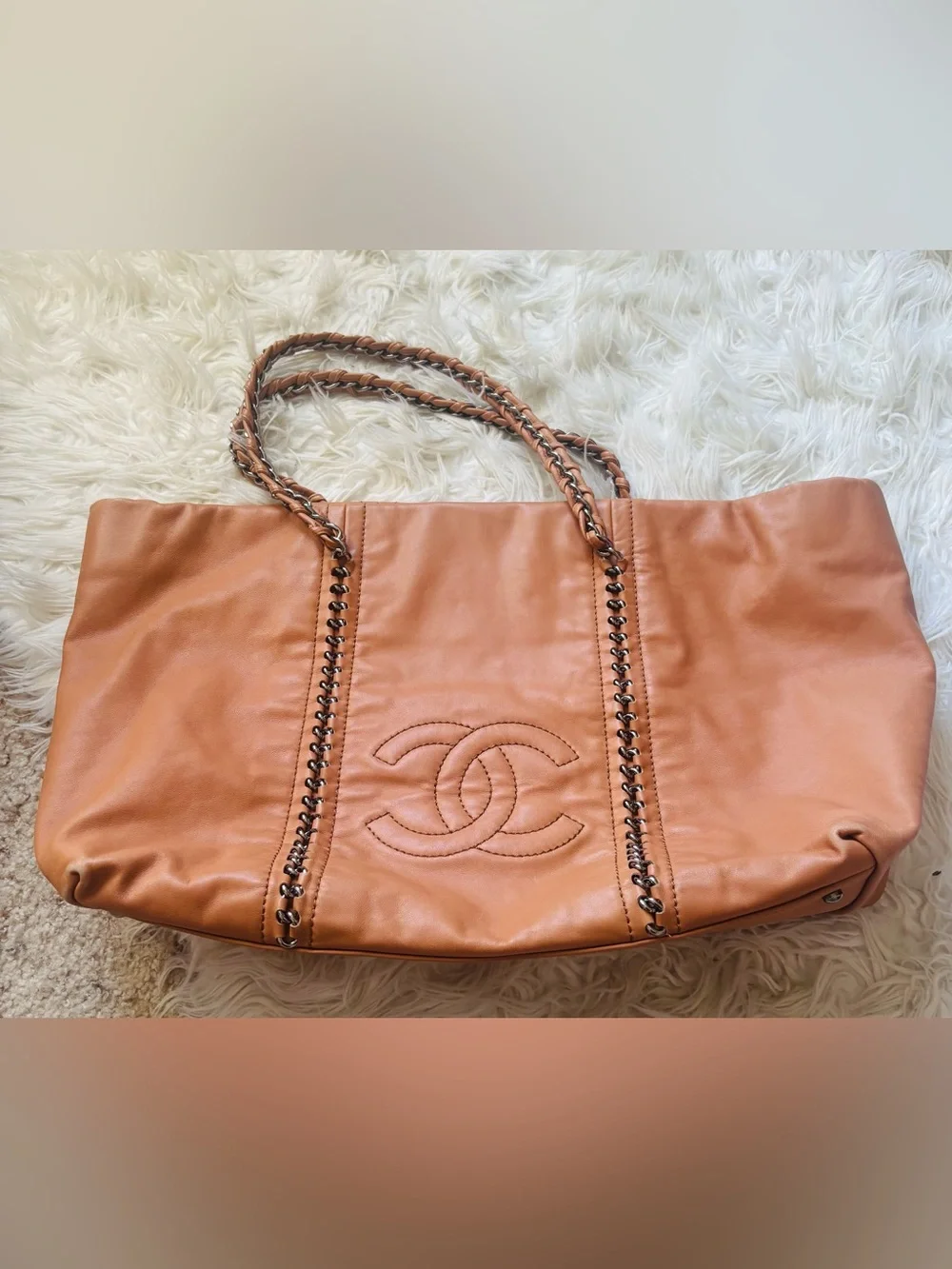 CHANEL Tan Leather Chain-Strap Tote with Stitched CC Emblem